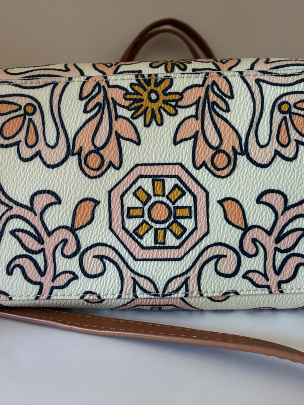 Tory Burch Cream Floral & Geometric Tote with Tan Trim - Picture 3 of 8